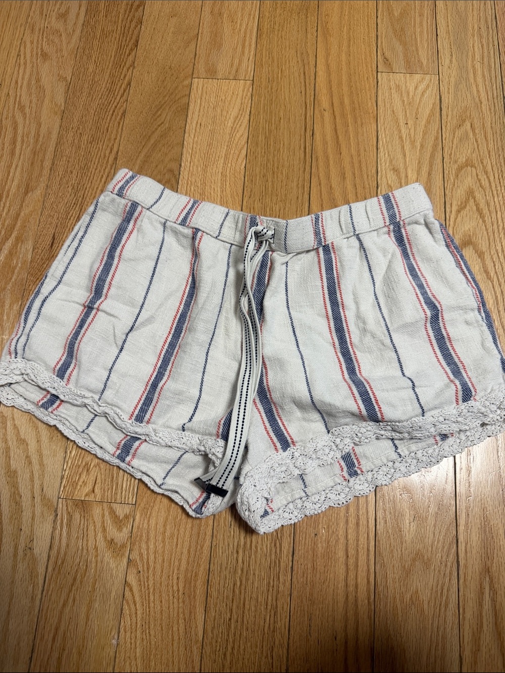 Aerie Striped Crochet-Hem Lounge Shorts - White with Red & Blue Stripes